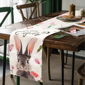 Easter Table Runner, CIYIN 33 x 182 cm Spring Tulip Rabbit Easter Table Runner, Seasonally Washable Kitchen Dining Table Decoration, Easter Bunny Table Decoration for Indoor and Outdoor Holiday Party