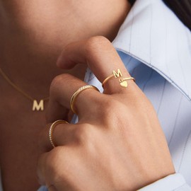 ABDOT Gold Initial Rings for Women 14K Gold Plated Adjustable Rings Dainty Heart Stackable Letter Rings Alphabet Letter A to Z Resizable Knuckle Ring Jewelry Gifts for Women, Adjustable, Metal, No