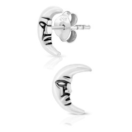 DTPsilver® SMALL 925 Sterling Silver Studs Earrings - Man in the Moon - Dimension: 6 x 9 mm