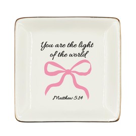 WODMIS Christian Coquette Bow Ceramic Jewelry Tray Dish, Bible Verse Preppy Jewelry Plate Ring Trinket Dish, Trendy Aesthetic Ribbon Gifts for Women Bestie Best Friends 508