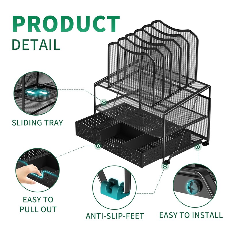 Simple Trending Mesh Desk Organizer with Sliding Drawer, Double Tray