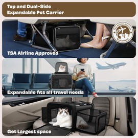 Top and 2 Sides Expandable Large Cat Carrier 18x13.5x9.5, TSA Airline Approved Dog Carriers for Large Dogs, Soft-Sided Pet Carrier with Self-Locking Zippers for Kitten,Rabbit,Puppy, Black White