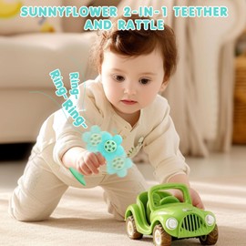 Baby Teething Toys, Teether and Rattle 2-in-1 for Babies 0-6 Months, Food Grade Silicone Teethers for Baies 3-6 6-12 Months, Infant Teething Relief Chew Toys, Sunnyflower Teether Toy BPA Free - Blue