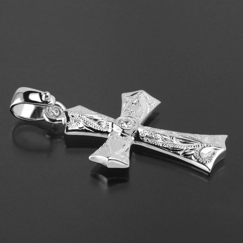 Leilani Hawaiian Jewelry Cross Scroll Engraved Pendant Necklace, Men's, Silver