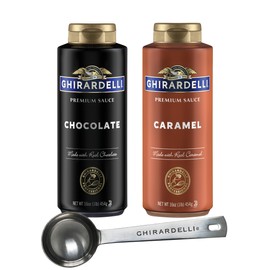 Ghirardelli Caramel and Chocolate Sauce 16 Ounce 1 of each Squeeze Bottle (Set of 2) with Ghirardelli Stamped Barista Spoon
