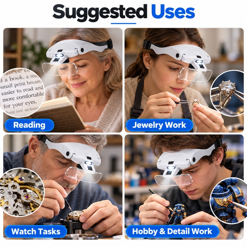 Hand-Free LED Headband Magnifier for Detail Work – 5-Lens Adjustable