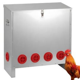 Automatic Chicken Feeder 85-120lbs Capacity, Galvanized Metal Poultry Feeding Equipment, Rainproof & Rodent Proof Large Chicken Food Dispenser for Backyard Coop & Farm Use (10 Ports)