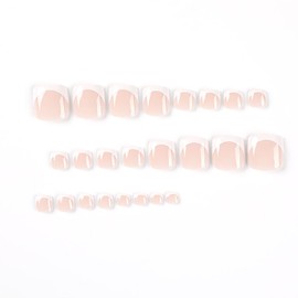 Caiguoer 24 Pieces Bare Fake Toenails Square French False Toenails White Edge Push On Toenails for Women and Girls (C)