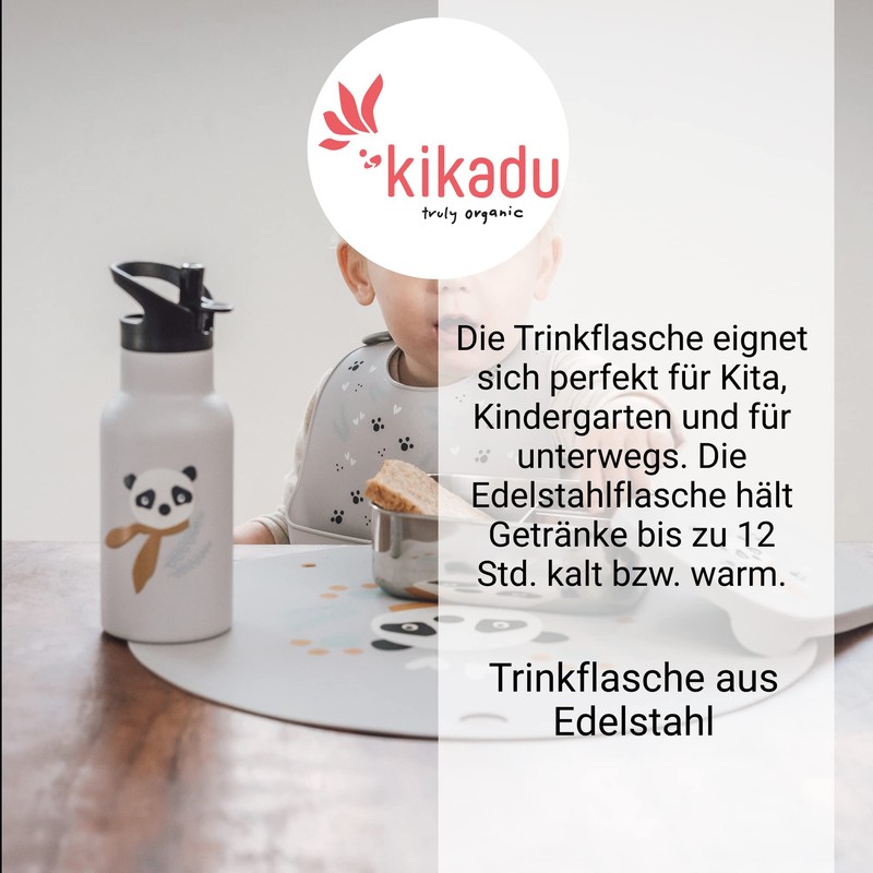 kikadu Panda Water Bottle Silver Grey - Children's Tableware, BPA-Free,