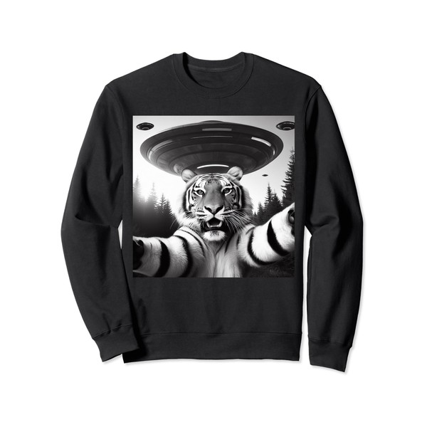 Tiger Selfie with Alien UFO Funny Gift for Men Women Kids Sweatshirt, black