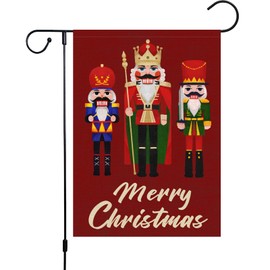 Merry Christmas Garden Flag Nutcracker Soldier Garden Flags Xmas Pine Nutcracker Outside Decorations 12x18 Inch Double Sided Burlap Winter Banner for Xmas Outside Home Lawn Decor(ONLY FLAG)