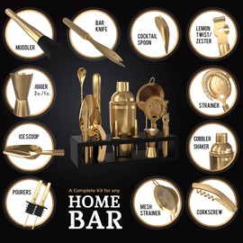 Highball & Chaser Bartender Kit with Espresso Bamboo Stand. Beautiful Cobbler Cocktail Shaker Set with Bar Tools Rustproof Stainless Steel Bar Set (Matte Gold)