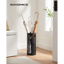 SONGMICS Umbrella Stand, Metal Umbrella Holder for Entryway, with Water Tray and 4 Hooks, 6.7 x 6.7 x 16.1 Inches, Round, Black ULUC024B01
