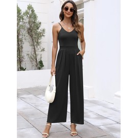 ANRABESS Women Jumpsuit V Neck Spaghetti Strap Wide Leg Jumper Romper 2025 Summer Dressy Casual One Piece Outfit with Pocket, Black, Medium