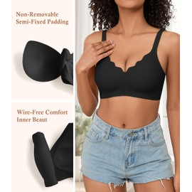 POSESHE Womens Comfortable Wireless Bras Push Up Seamless Bralettes Soft V Neck Brassiere Scalloped Full Coverage Everyday Basic Bra