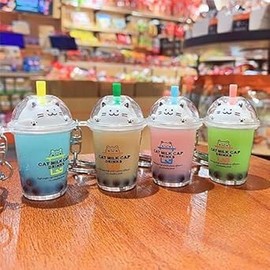 ZGLUZP Pink Milk Tea Cup Key Ring,Cartoon Cat Car Keychain Mini Milk Tea Cup Liquid Crystal Sequin Key Ring Bag Pendant Accessories