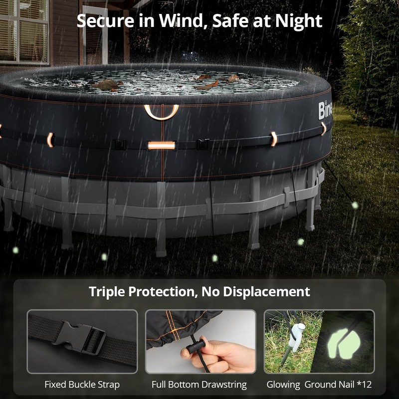 Binecer 24 Ft Round Pool Cover with Reflective Strips, Swimming