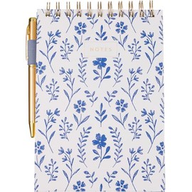 Eccolo Lined Top Spiral Notebook, Blue Floral Flexi-Cover Steno Pad with Pen Included (240 Perforated Pages), A5 Notepad Ideal for Note Taking in School, College or Work