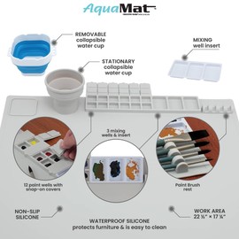 Creative Mark AquaMat Non-Slip Silicone Paint Mat - 23-3/8" x 21-3/8" - 5 Paint Cup Liners & 5 Palette Inserts for Artists, Painters & Crafters, Waterproof Surface Protection Rolls Up for Storage