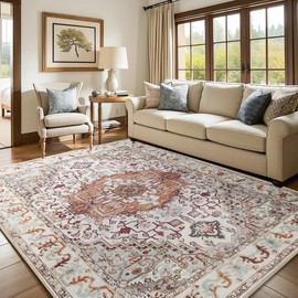 Area Rugs 5x7 for Living Room, Washable Vintage Rugs-Low Pile Carpet, Non-Slip Soft Distressed Printed Patterns Rugs for Bedroom, Dining Room, Beige