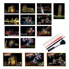12 Pieces Scratch Art Paper Rainbow Painting Sketch City Series Night Art Craft Scratch Board for Adults Kids with 5 Tools