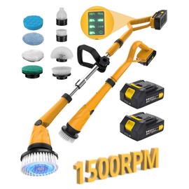 Qimedo 1500 RPM Electric Spin Scrubber with Two Batteries Q2 Pro, Cordless Battery Powered Shower Scrubber,Electric Tile Floor Scrubber with Display for Grout/Tile/Tub (Effortless Handle/8 Brushes)
