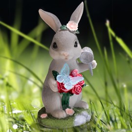 NYUWOAURC Outdoor Garden Statues Rabbit with Solar Light,Bunny Garden Decor Ornaments with Wider Base for Patio Yard,Resin Animal Figurine with LED,Rabbit-Lover Gifts for Birthday Easter House Warming