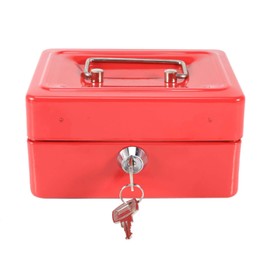 Cash Box, Fireproof Waterproof Box, Mini Portable Steel Cash Till, Lockable Cash Money Coin, Jewellery, Security Box with Key Lock Handle, 2 Keys for Household, Loose Coins, Red