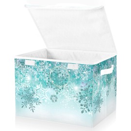 senya Christmas Storage Baskets Collapsible Storage Bins with Lids, Silver Winter Teal Turquoise Snowflakes Christmas Storage Boxes Clothes Baskets for Organizing