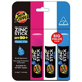 Sun Zapper Kids Sunscreen Zinc Sticks - Pink White & Blue Sunblock 3 Pack - Very High Sun Protection SPF50+ UVA/UVB+ Sun Zapper Sun Cream for Kids & Adults - Made in Australia