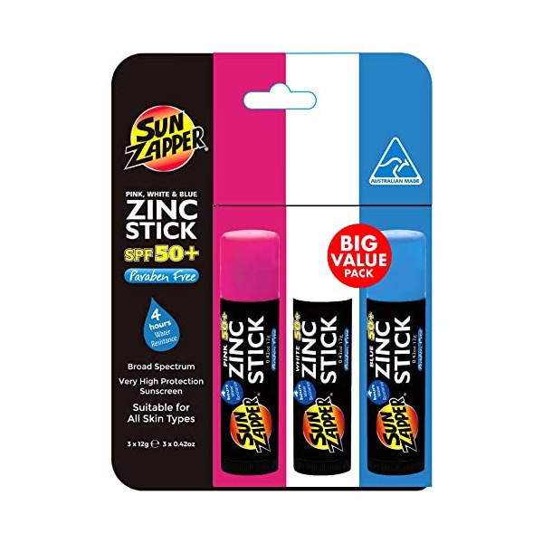 Sun Zapper Kids Sunscreen Zinc Sticks - Pink White & Blue Sunblock 3 Pack - Very High Sun Protection SPF50+ UVA/UVB+ Sun Zapper Sun Cream for Kids & Adults - Made in Australia