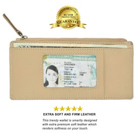 Leatherboss Genuine Leather Women's All in One Credit Business Card Case Holder Slim Zipper Wallet With a Card Protection Strap, Beige