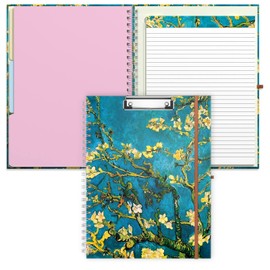Rimilak Spiral Clipboard Folio with Refillable Lined Notepad, 14.5 x 9.8Inch, Hardcover Clipboard with 5 Interior Pockets, Elastic Band and Pen Loop Series. Cute Stylish Clipfolio, Almond Tree