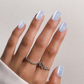 SHANGMENG Press on Nails Square - Soft Gel Press on Nails Short, Blue Chrome Fake Nails with Nail Glue for Women Gift, Stick On Nails in 16 Sizes - 32 Reusable Nails Kit, Aurora Light Blue