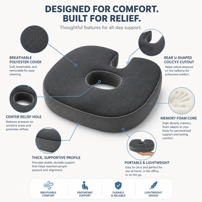 Donut Seat Cushion for Long Sitting – Pressure-Reducing Comfort Pillow