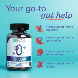 Zhou Gut Guru - Gut Health Gummies for Men and Women, Prebiotic and Probiotic Fiber Supplement for Digestion and Gut Health - 60 Vegan Gummies