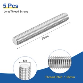 sourcing map M8x55mm Fully All Threaded Rod, 5Pcs 316 Stainless Steel Long Threaded Screw 1.25mm Thread Pitch Right Hand Threads for Furniture Mounting Assembly Fastening
