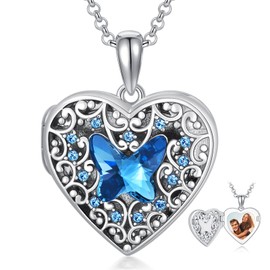 Dorunmo Silver Locket Necklace with Heart and Butterfly - Open for Photos - Jewellery Gifts for Women, Girlfriend, Mother