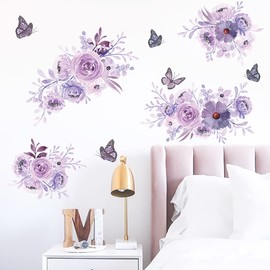 Runtoo Peony Flower Wall Decals Purple Floral Butterfly Wall Art Stickers for Girls Bedroom Living Room Bathroom Nursery Home Decor