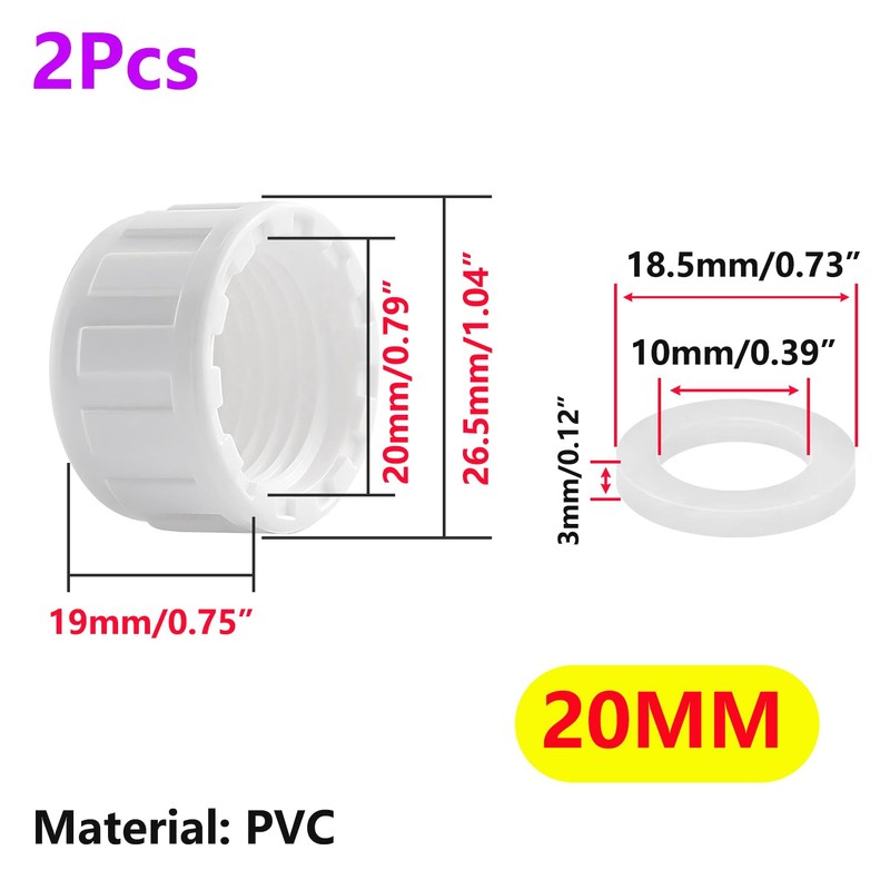 Qrity 2 Pack Pipe Fitting Cap, 20mm (1/2") White Female