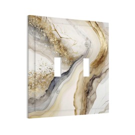 White Gold Marble 2 Gang Double Toggle Decorative Light Switch Cover Electrical Wall Plates Receptacle Switchplate Faceplates for Bathroom Bedroom