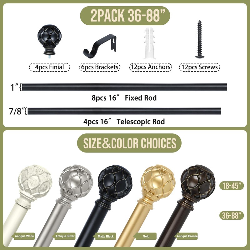 TANGWIN 2 Pack Black Curtain Rods for Windows 48 to