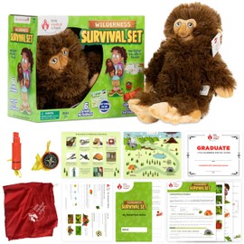 Wilderness Survival Hiking Kit with Big Foot Plush, Compass, Whistle, Signal Mirror, Activity Map - Kids Adventure Set, Pretend Play Set