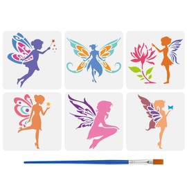 FINGERINSPIRE 6PCS Angel Silhouette Stencils for Painting with Brush 5.9x5.9inch Reusable Fairy with Wings Template Hollowed Flower Stars Butterfly Stencil Fantasy Theme Template for Wall Decoration