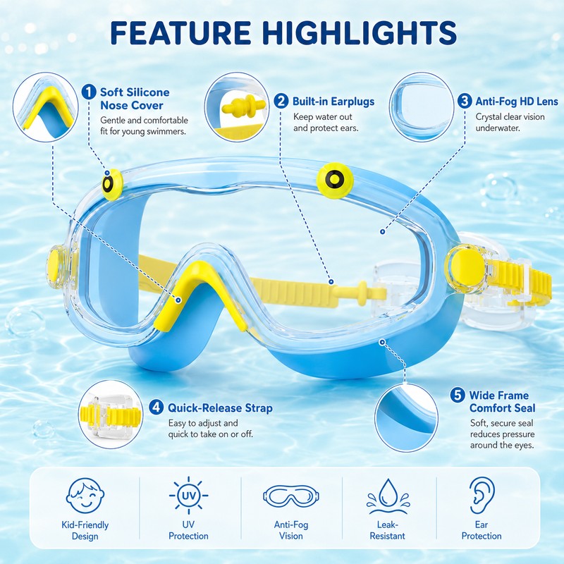 Kids Swim Goggles with Earplugs – Big Frame Anti-Fog No-Leak