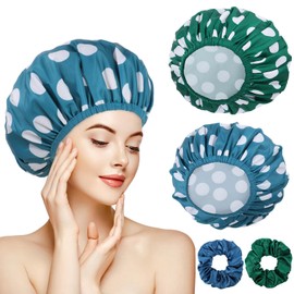 WSICSE 2 Packs Large Shower Caps for Women, Reusable Waterproof Shower Cap Bath Caps with Hair Scrunchies for Long Thick Hair (Blue/Green)