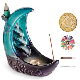 SagTuol Incense Burner, Backflow Incense Burner, Ceramic Incense Stick Holder with 100 Backflow Incense Cones + 30 Incense Sticks, for Aromatherapy Ornament, Home Decor (Blue)