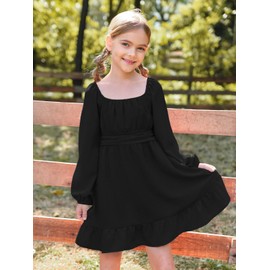 Batermoon Girls Long Sleeve Tie Back Dress Kids Fall Square Neck A-Line Mini Dresses 5-14 Years Black