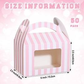 Mooliwe 50 Pcs Pink and White Striped Gable Boxes for Party Favors Bulk Party Favors Pink Small Paper Treat Goodie Box with Clear Window Handle for Baby Shower Birthday Wedding (6 x 3.5 x 3.5 Inch)
