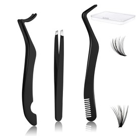 3pcs Eyelash Tweezers, 2 in 1 Eyelash Applicator Tool with Comb, Stainless Steel Lash Extension Tweezers, for DIY Eyelash Clusters False Eyelash Tool Applicator Eyelash Tweezers (Black)